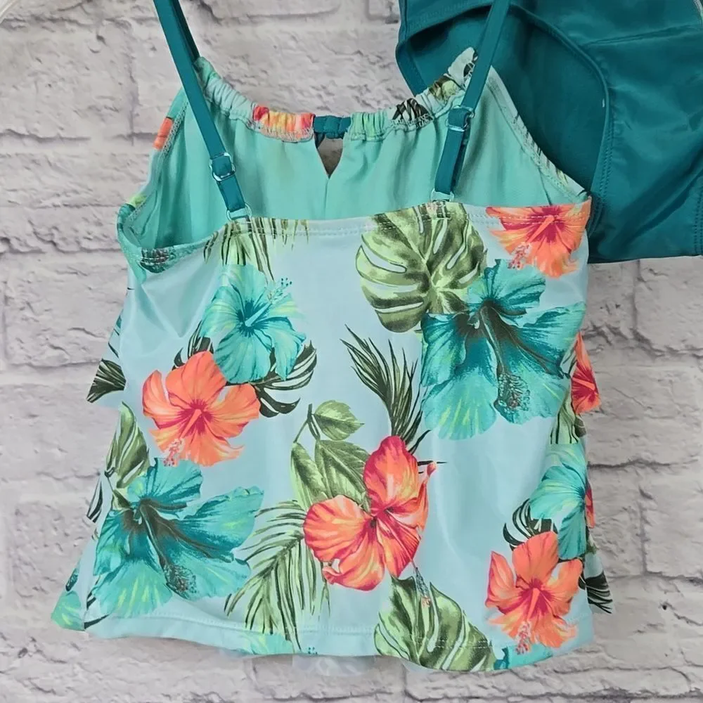 Tropical Hibiscus Tankini Girls M 10 Justice Ruffle 2pc Swimsuit Teal Floral